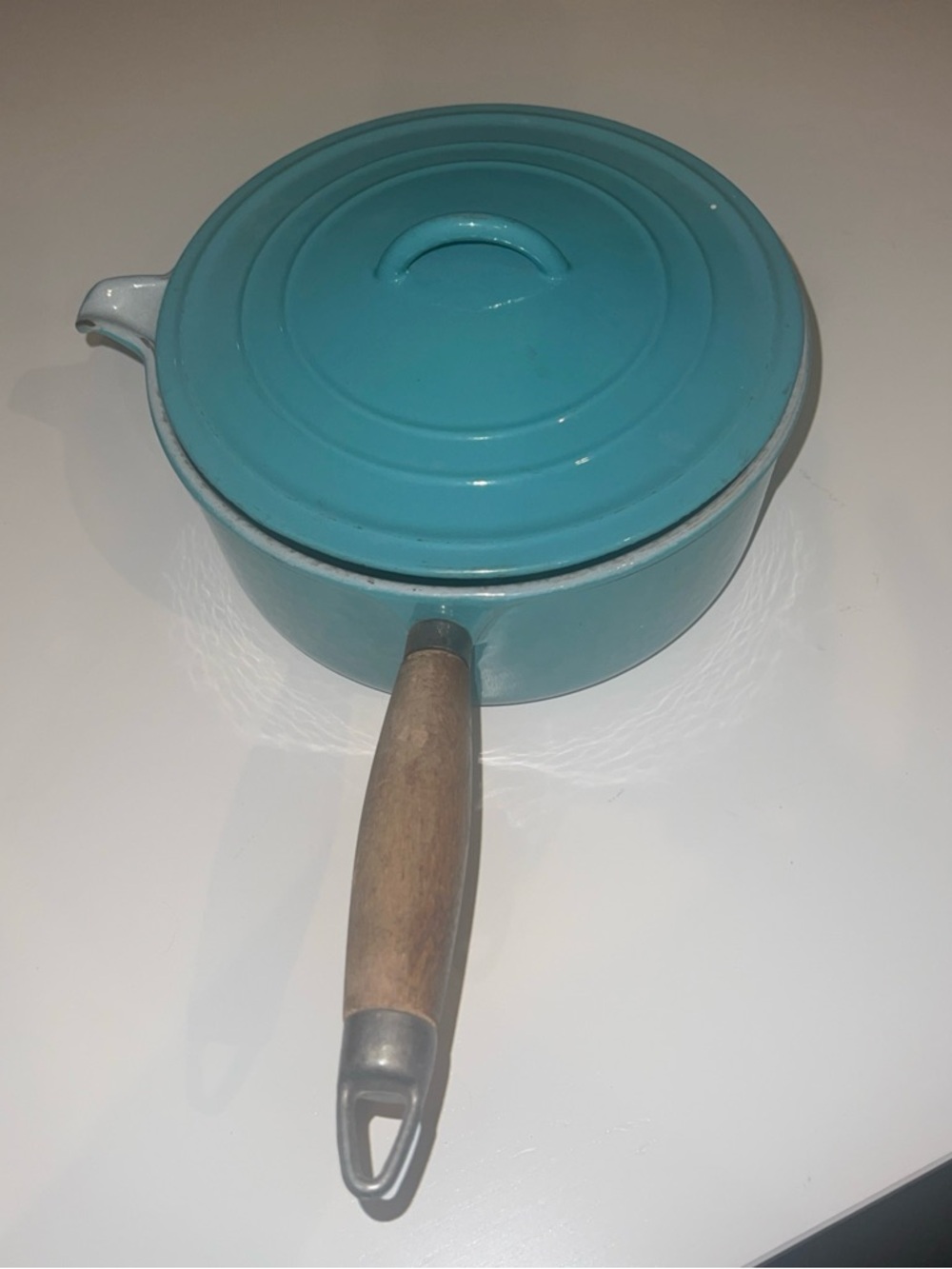 Vintage Le Creuset France #22 Paris Blue Enamel Cast Iron Sauce Pan Wood Handle